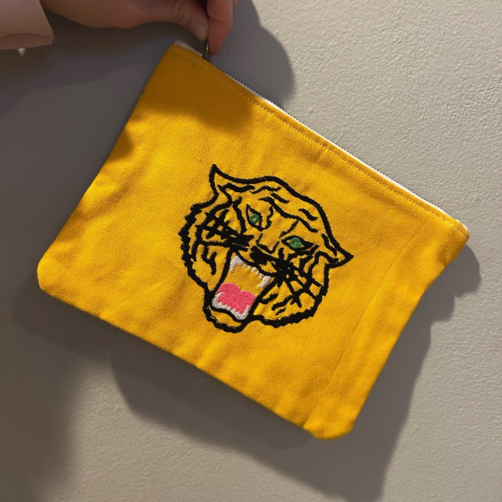 Yellow Cotton Canvas Zip Pouch with Tiger Embroidery